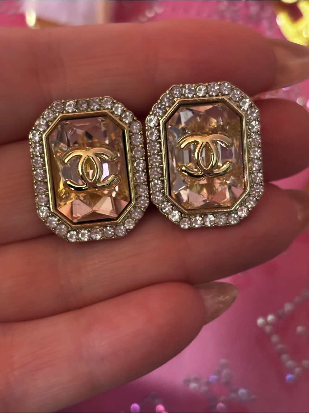 New ! Gold CC Logo Pink Crystal and Clear Rhinestone Octagon Earrings